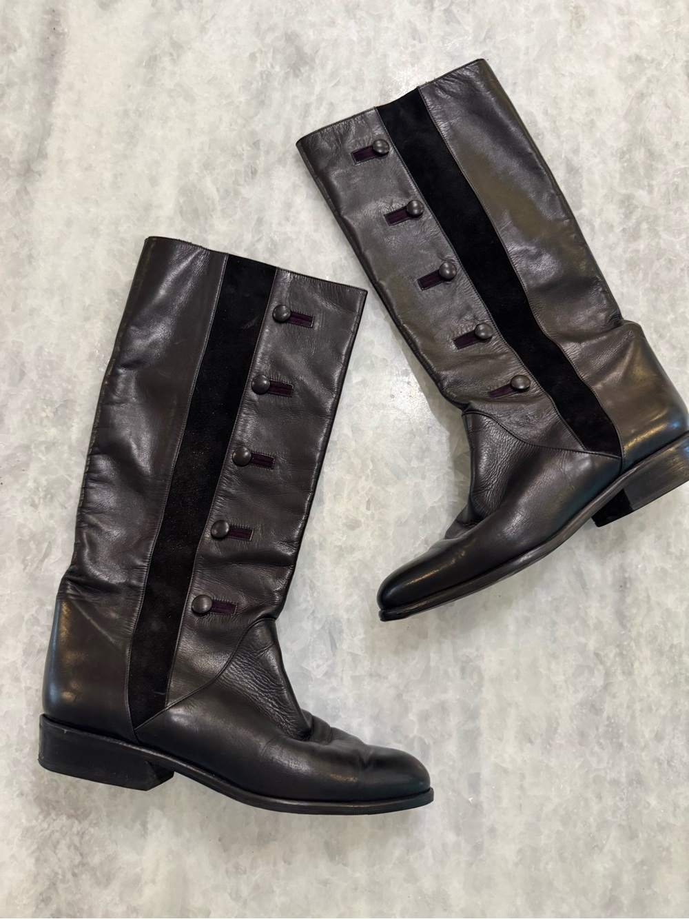 Vintage Luxury Donna Carolina Women's Black Leather Knee Button-Trim Heel Boots